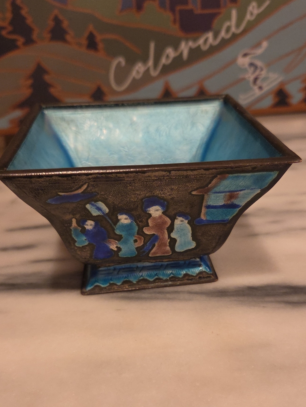 Vintage Decorative Chinese Blue Cloisonné-Style Copper Square Bowl